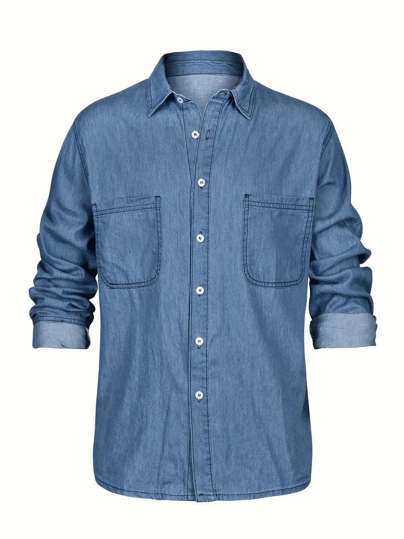 Brusttaschen Lässiges Button-Up Langarm Denim-Hemd - Sherdil