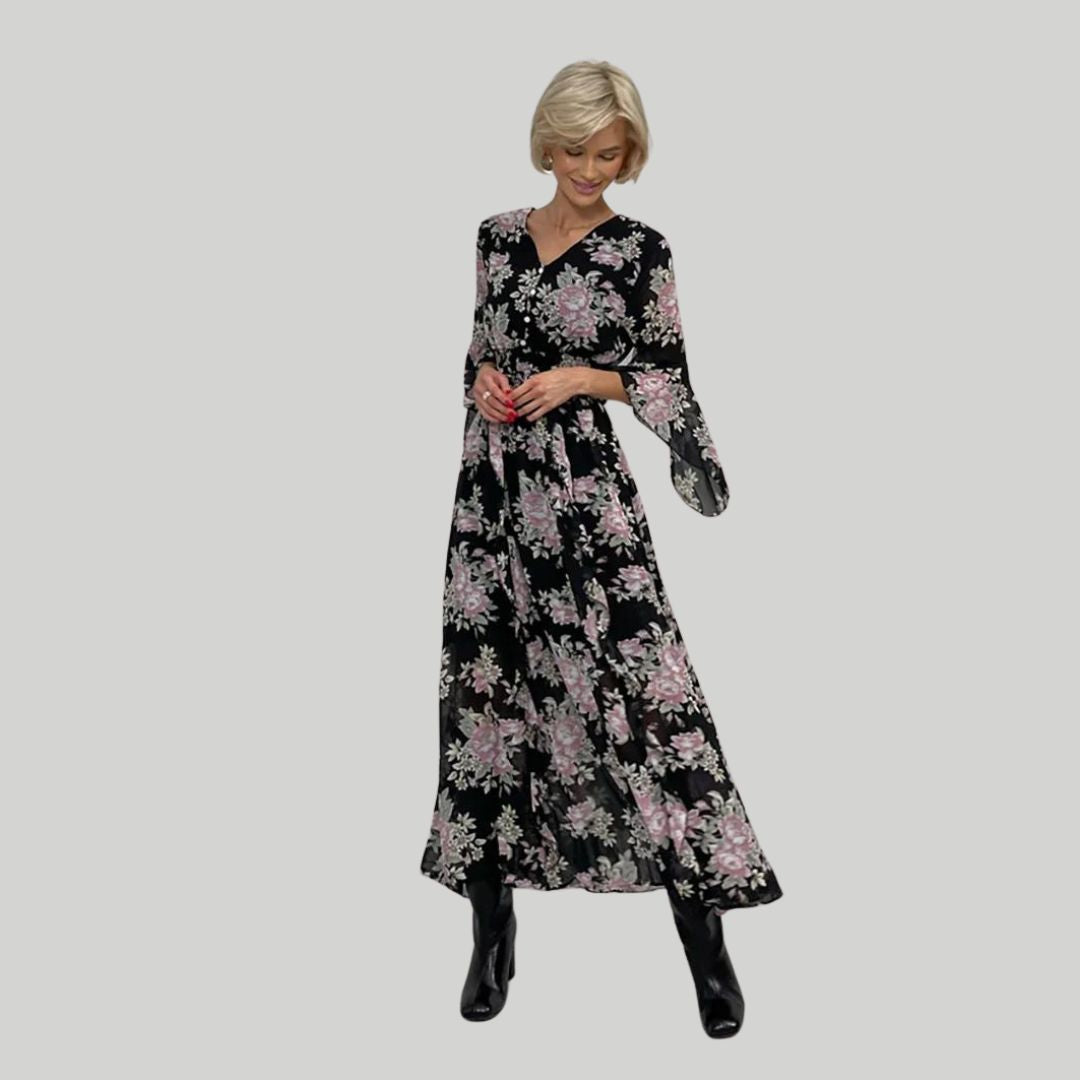 Norian - Florales Midi-Kleid mit V-Ausschnitt