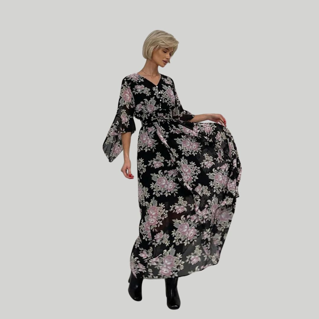 Norian - Florales Midi-Kleid mit V-Ausschnitt