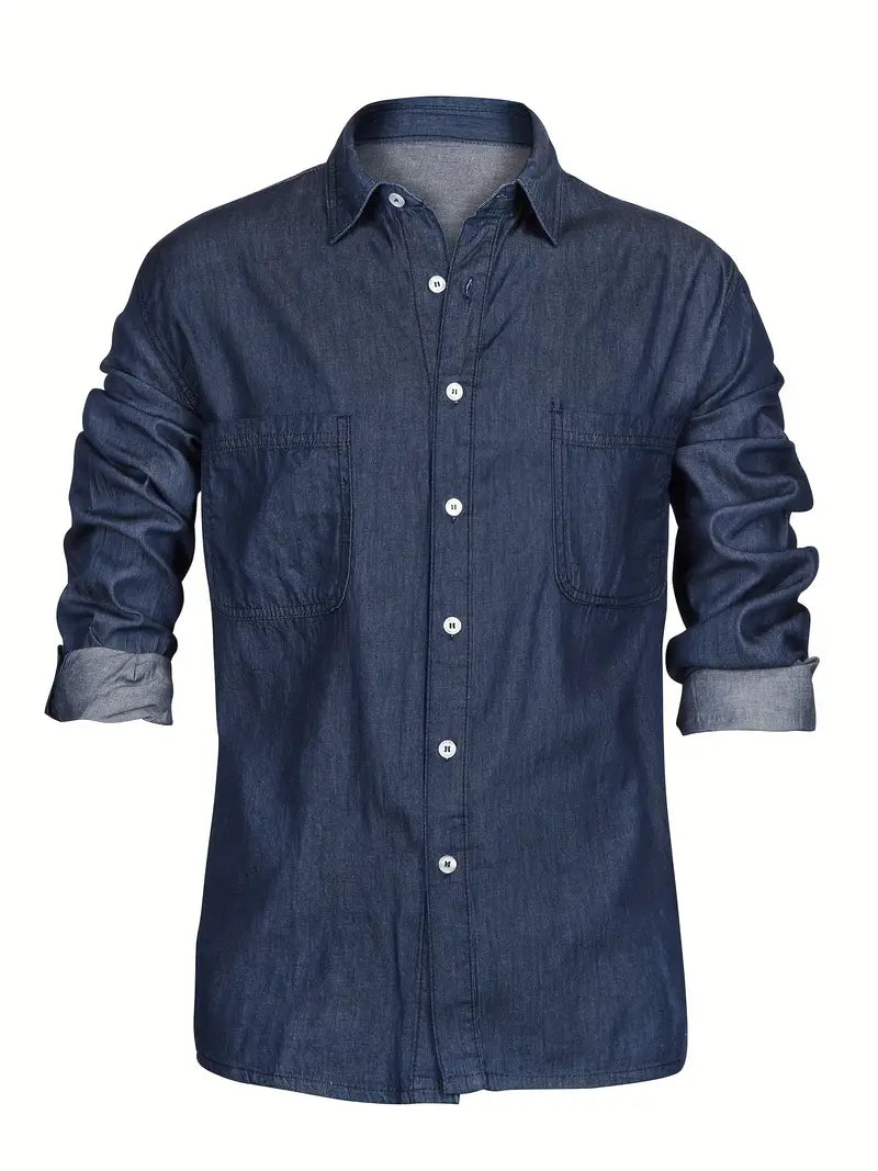 Brusttaschen Lässiges Button-Up Langarm Denim-Hemd - Sherdil