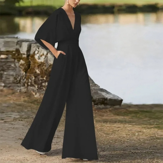 Rossa - eleganter kastanienbrauner Jumpsuit mit V-Ausschnitt und loser Hose