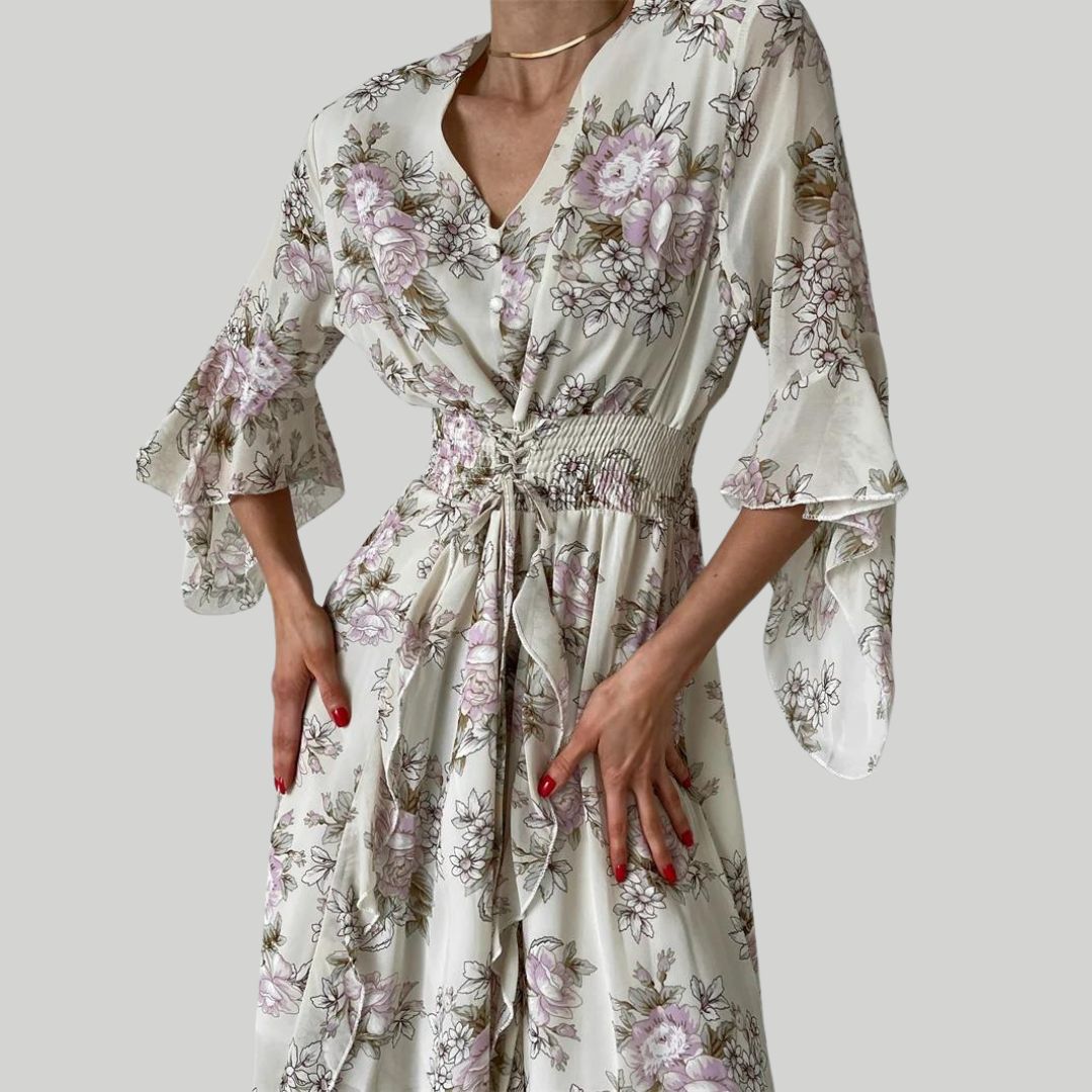 Norian - Florales Midi-Kleid mit V-Ausschnitt