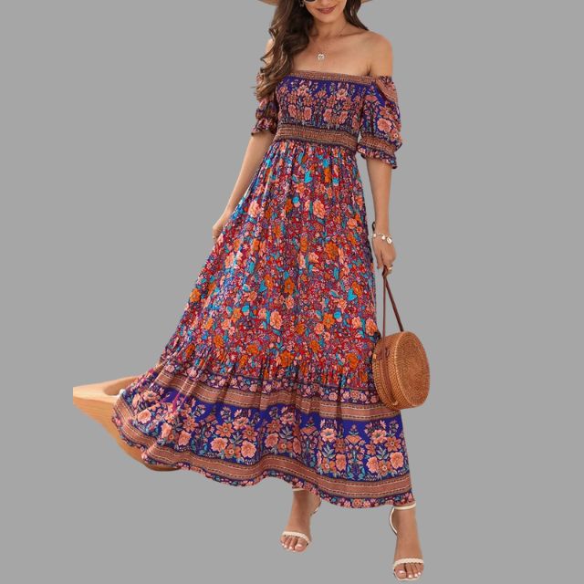 Bohora - Boho-Maxikleid mit Blumenmuster und schulterfreiem Schnitt