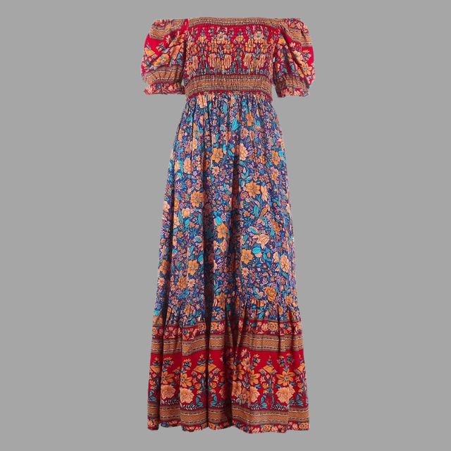 Bohora - Boho-Maxikleid mit Blumenmuster und schulterfreiem Schnitt