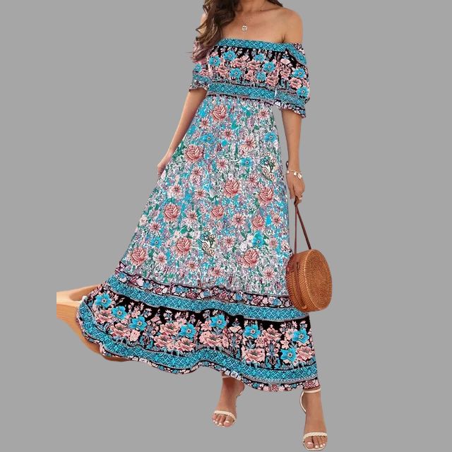 Bohora - Boho-Maxikleid mit Blumenmuster und schulterfreiem Schnitt