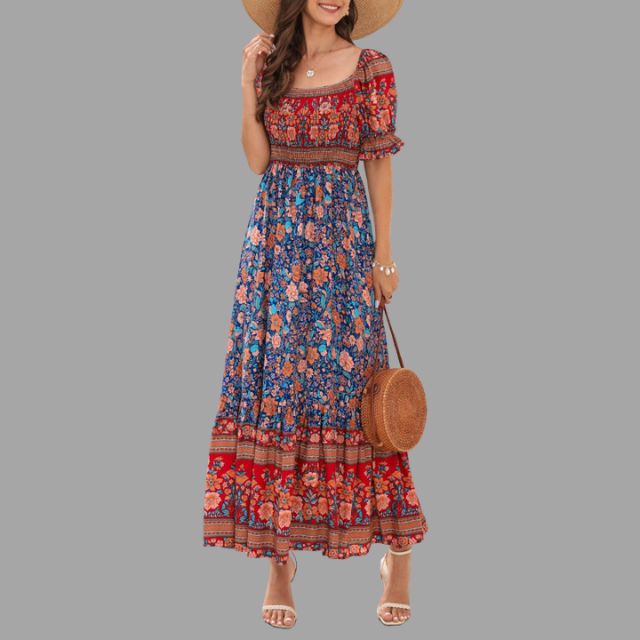 Bohora - Boho-Maxikleid mit Blumenmuster und schulterfreiem Schnitt