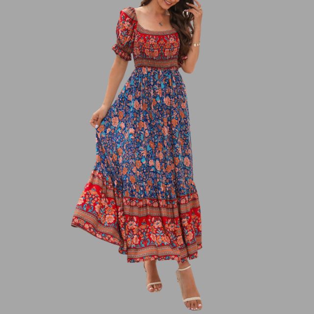 Bohora - Boho-Maxikleid mit Blumenmuster und schulterfreiem Schnitt