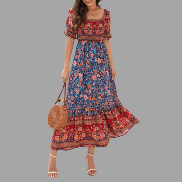 Bohora - Boho-Maxikleid mit Blumenmuster und schulterfreiem Schnitt