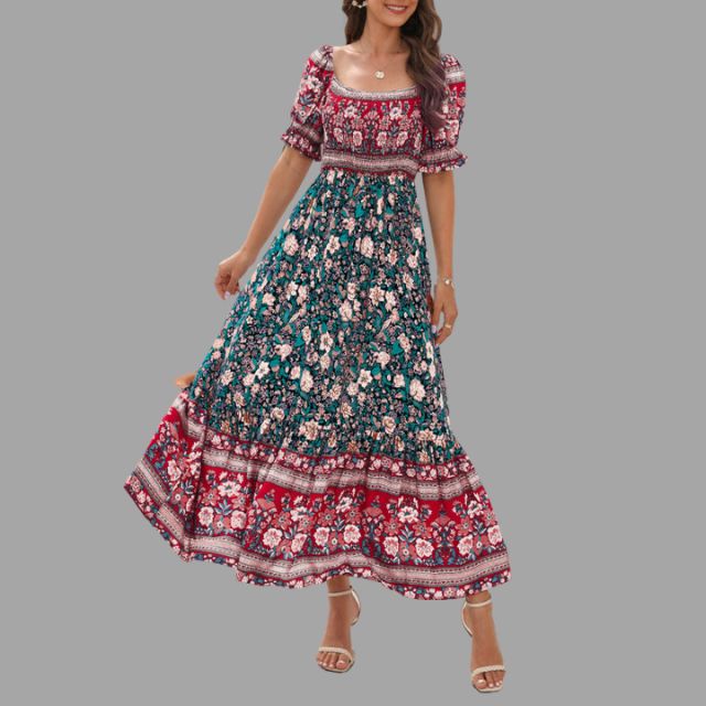 Bohora - Boho-Maxikleid mit Blumenmuster und schulterfreiem Schnitt