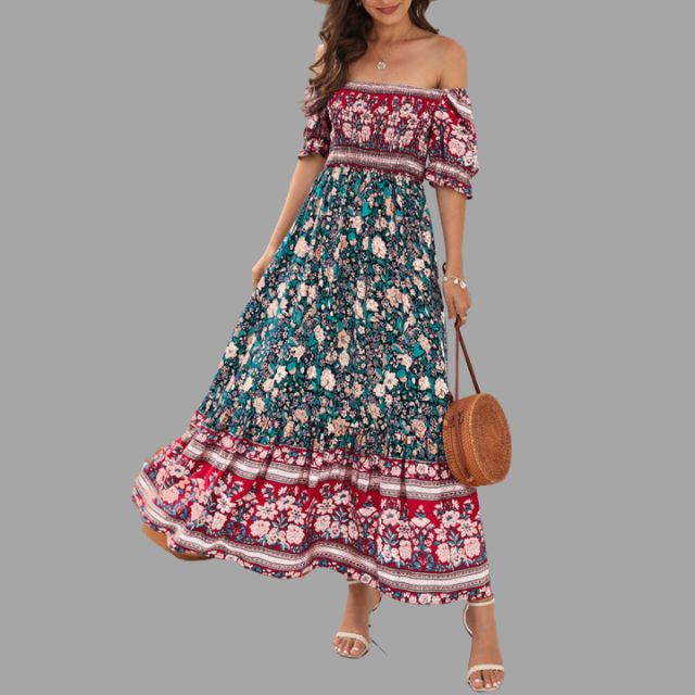 Bohora - Boho-Maxikleid mit Blumenmuster und schulterfreiem Schnitt