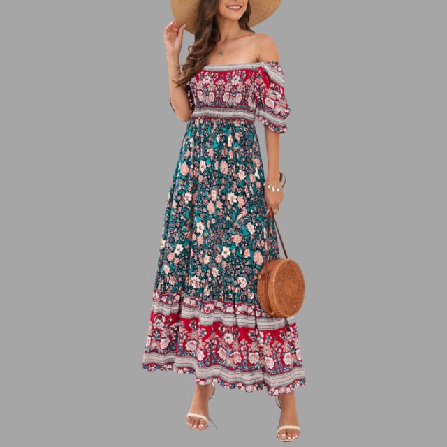 Bohora - Boho-Maxikleid mit Blumenmuster und schulterfreiem Schnitt