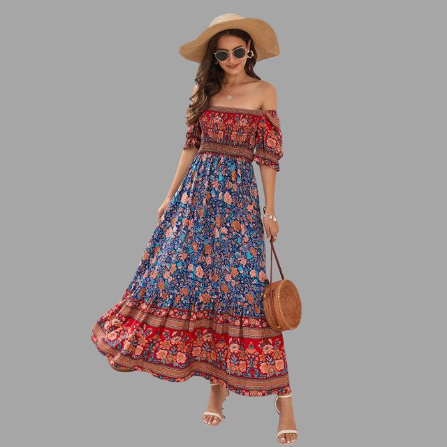 Bohora - Boho-Maxikleid mit Blumenmuster und schulterfreiem Schnitt