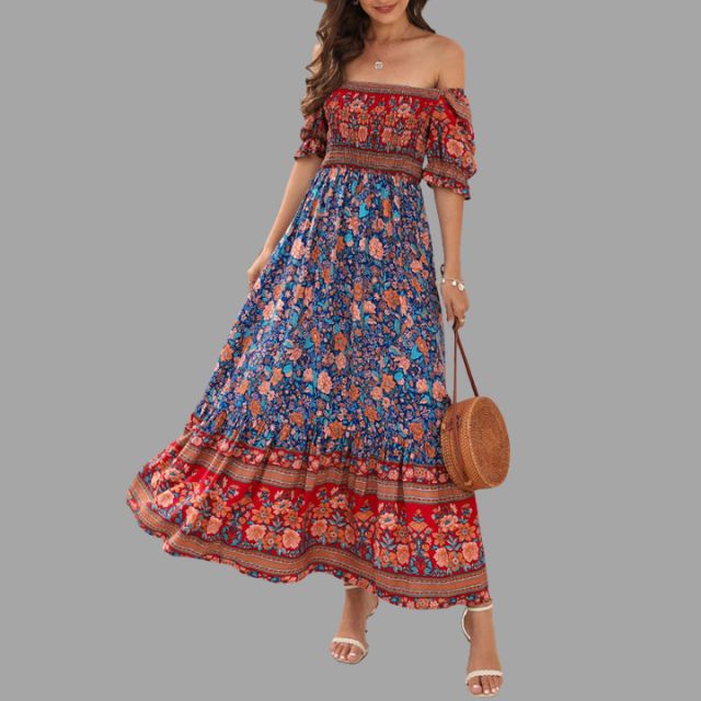 Bohora - Boho-Maxikleid mit Blumenmuster und schulterfreiem Schnitt