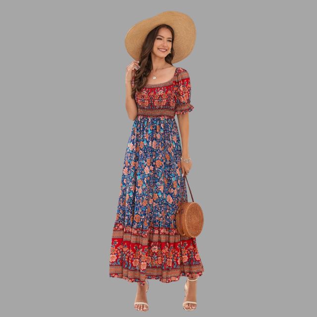 Bohora - Boho-Maxikleid mit Blumenmuster und schulterfreiem Schnitt