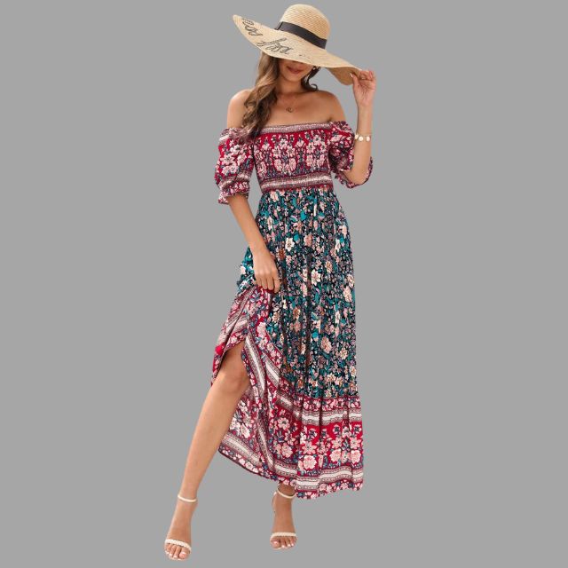 Bohora - Boho-Maxikleid mit Blumenmuster und schulterfreiem Schnitt