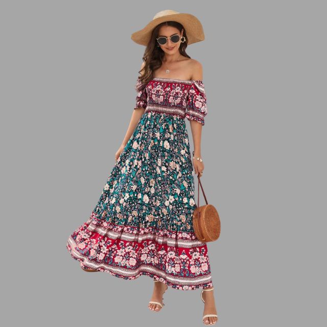 Bohora - Boho-Maxikleid mit Blumenmuster und schulterfreiem Schnitt