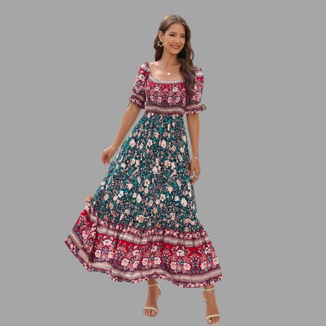 Bohora - Boho-Maxikleid mit Blumenmuster und schulterfreiem Schnitt