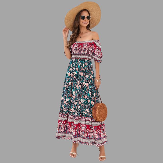 Bohora - Boho-Maxikleid mit Blumenmuster und schulterfreiem Schnitt