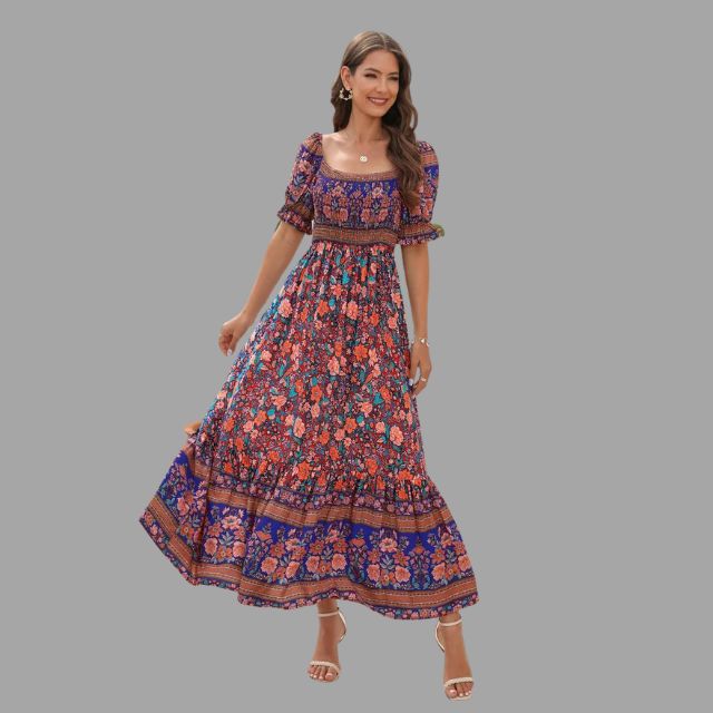 Bohora - Boho-Maxikleid mit Blumenmuster und schulterfreiem Schnitt