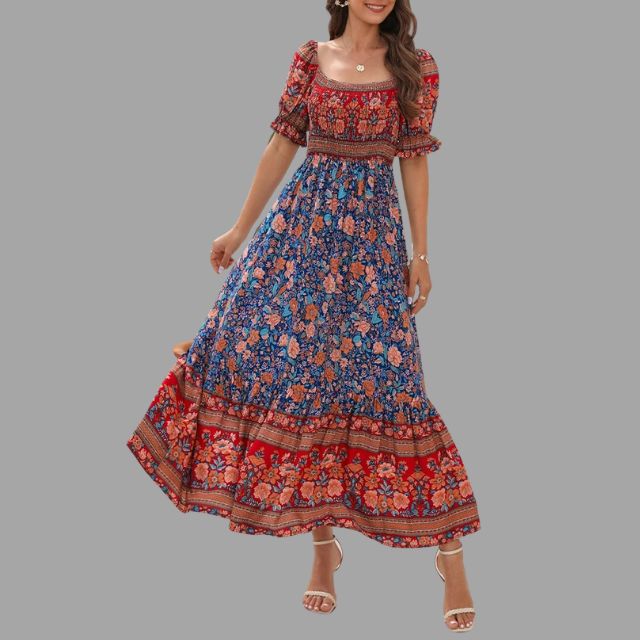 Bohora - Boho-Maxikleid mit Blumenmuster und schulterfreiem Schnitt