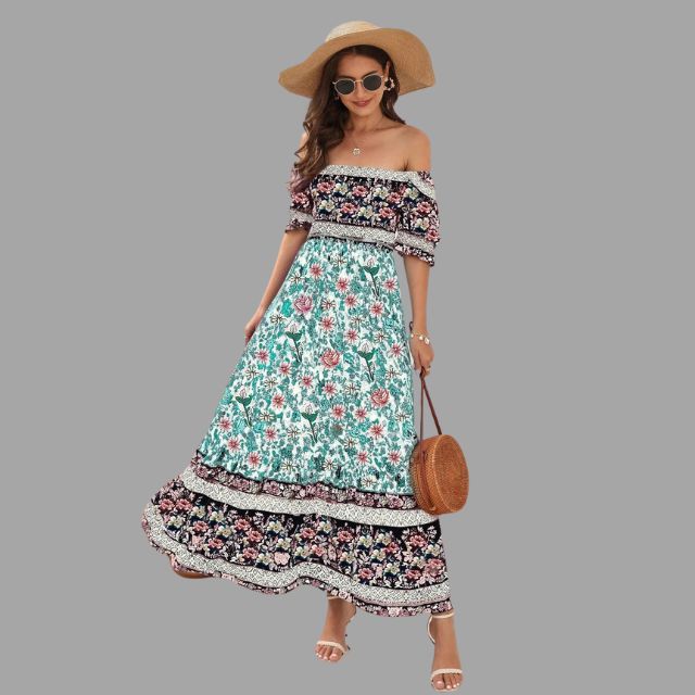 Bohora - Boho-Maxikleid mit Blumenmuster und schulterfreiem Schnitt