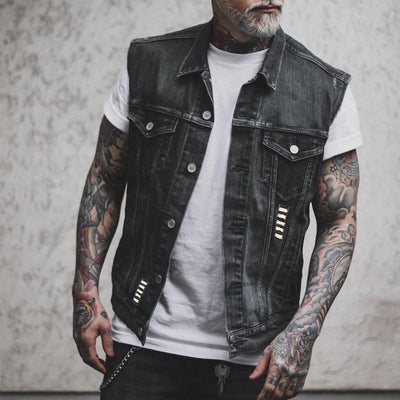 Markie | Herren Motorrad-Denimweste mit Motorrad- und Skelettdruck